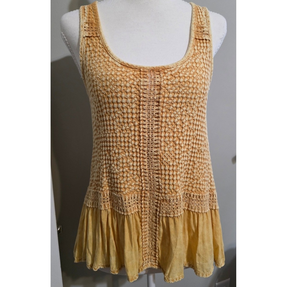 Anthropologie Eri + Ali Tank Top Women XXSP Yellow Crochet Peplum Hi Lo Hem Work
